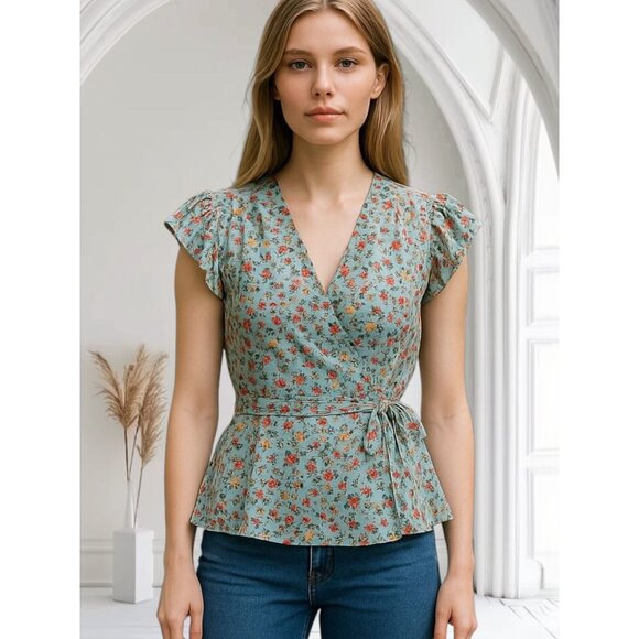 Monteau Brick Size S Womens Floral Summer Faux Wrap Top Ruffle Sleeve Blue Pink - Picture 1 of 9
